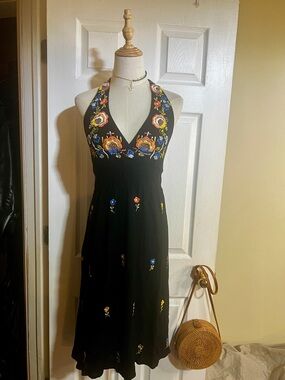 Bindya Lulla India Floral Embroidery Y2K Babydoll Pleated Halter Midi Dress M